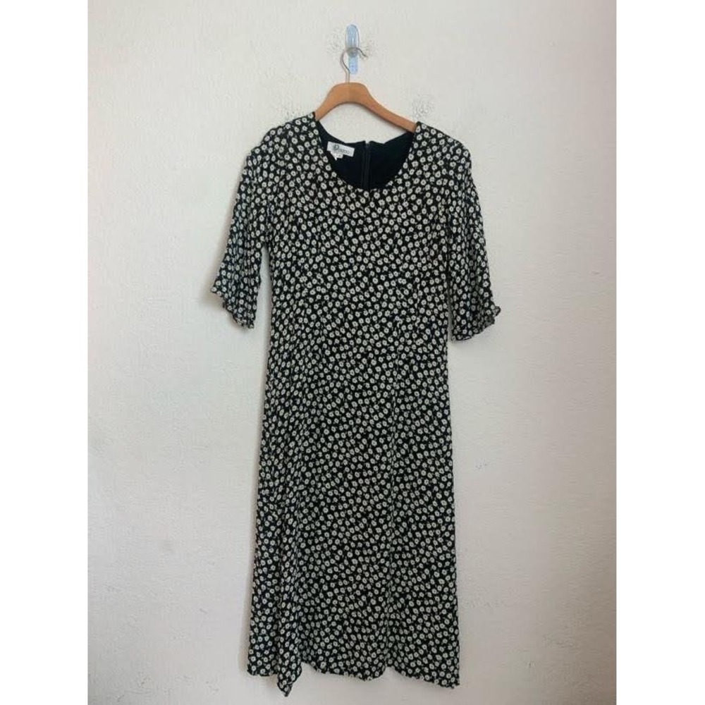 Vintage DODO Floral Midi Dress Black White Cottagecore Women's Size 11